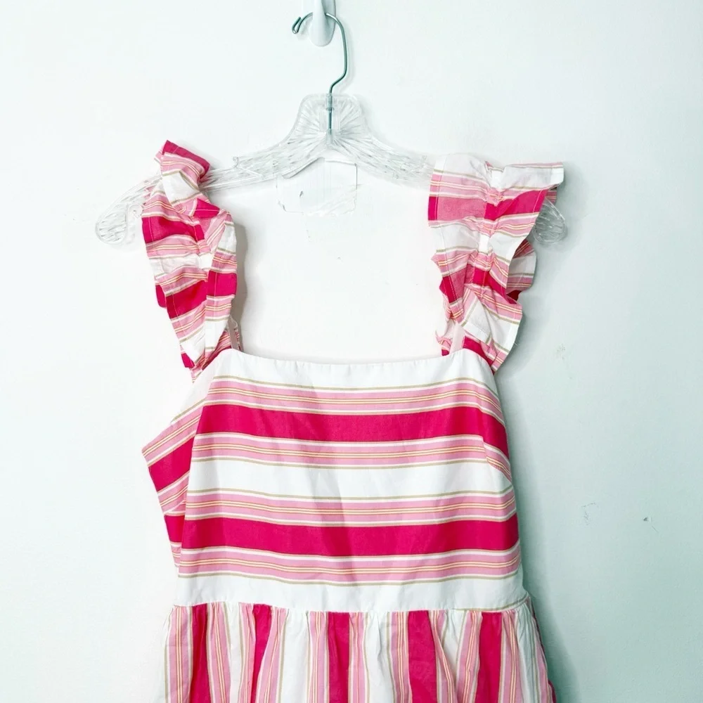 J. CREW | Striped Pink and White 100% Cotton Ruffle Straps Midi Dress Sz. 6